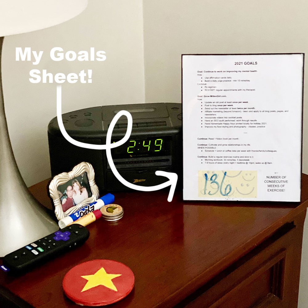 My Goals Sheet sitting next to my bed. 