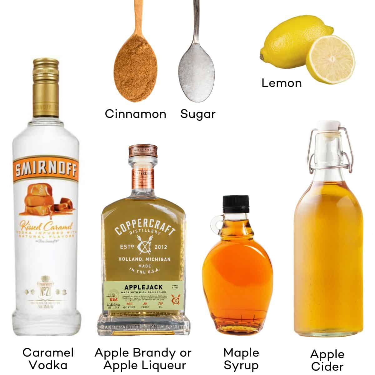 Ingredients for Caramel Apple Cocktails - caramel vodka, apple brandy or apple liqueur, maple syrup, apple cider, lemon, cinnamon, sugar.
