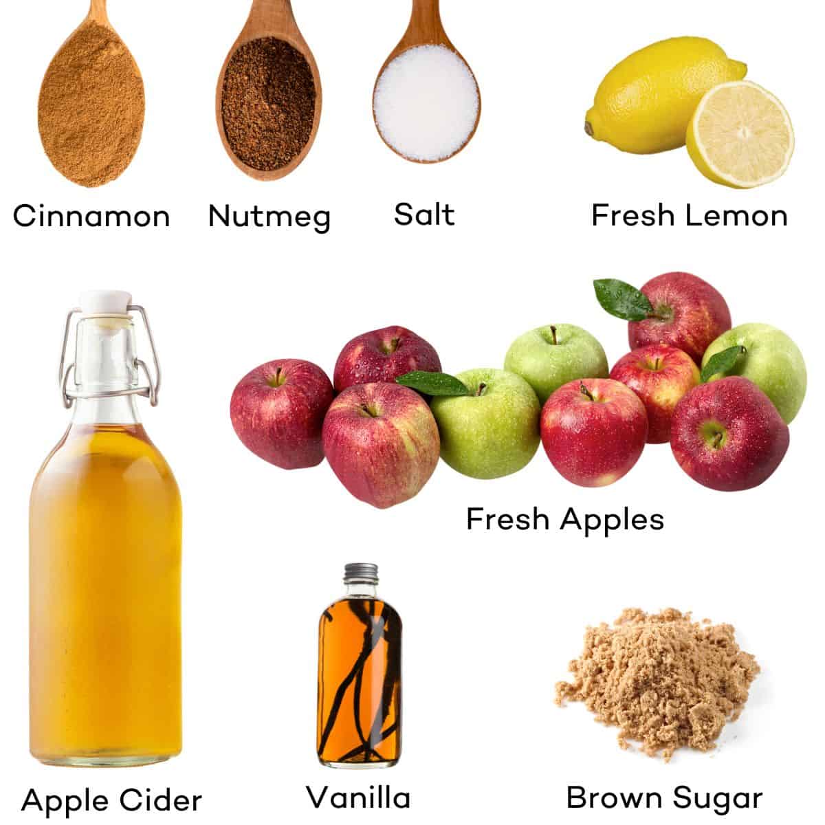 Ingredients for apple cider applesauce - apple cider, apples, vanilla, brown sugar, fresh lemon, salt, cinnamon, nutmeg. 