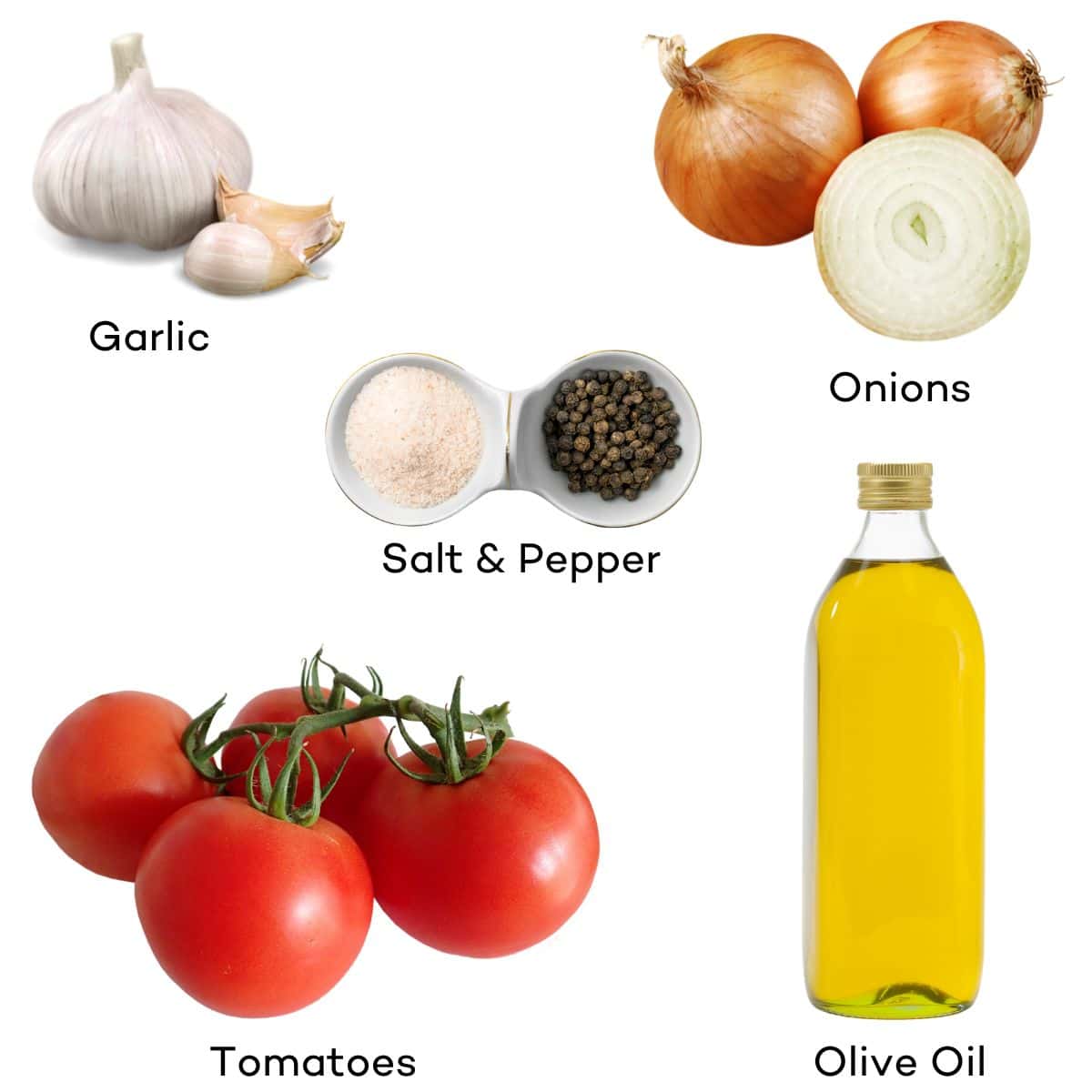 Ingredients for roasted tomato sauce - tomatoes, garlic, onions, olive oil, salt, pepper. 