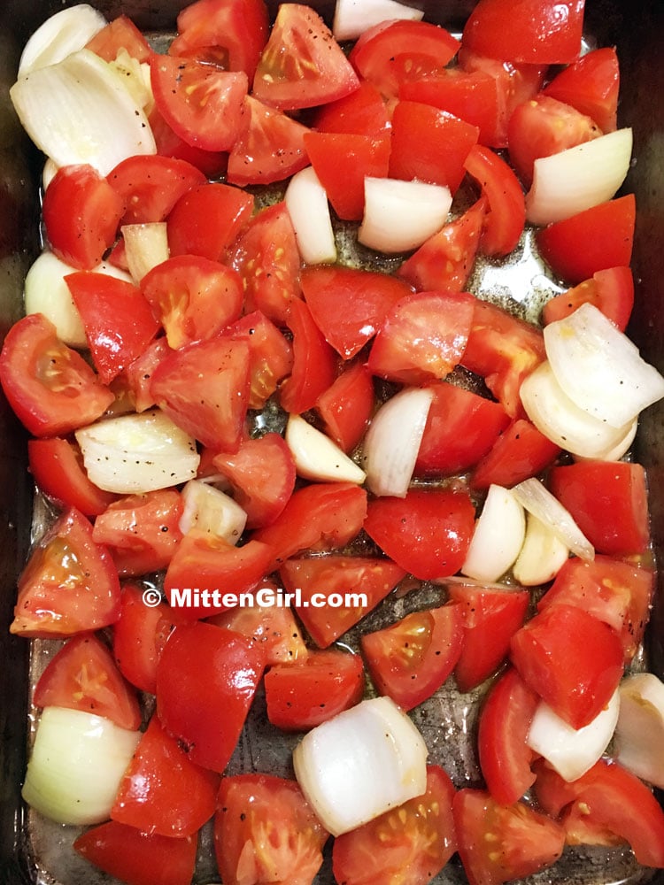 Vegetables chopped for roasted tomato sauce and ready for the oven. 