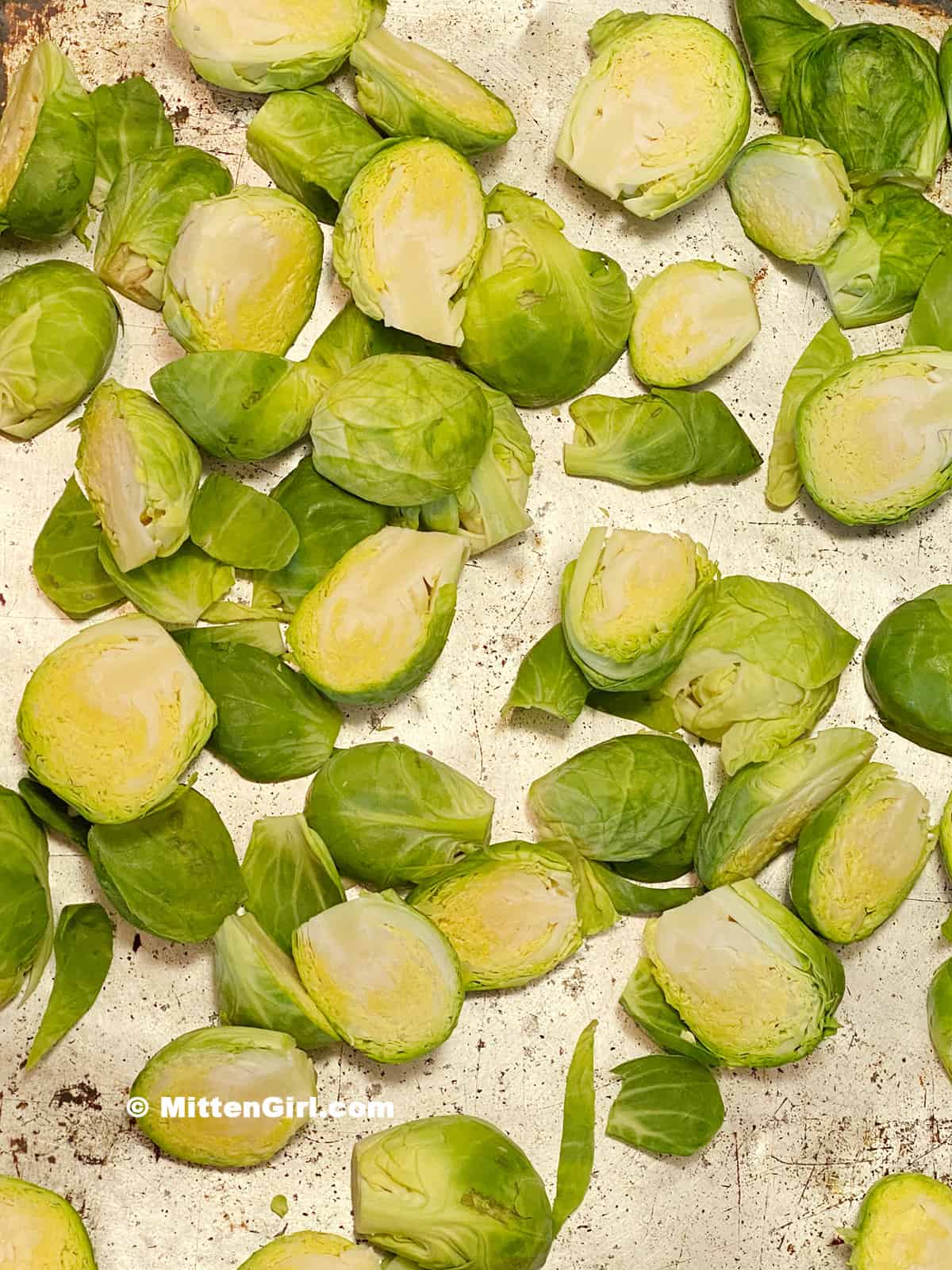 A pan full of brussels sprouts.