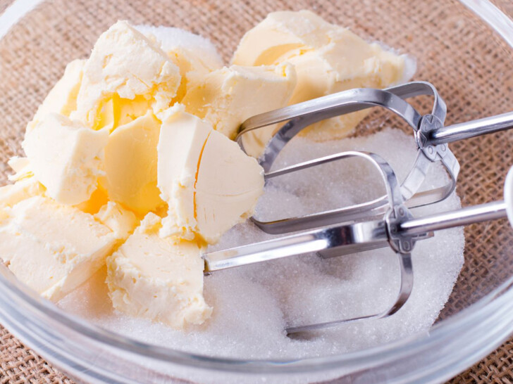 Mixer beaters in butter and sugar.