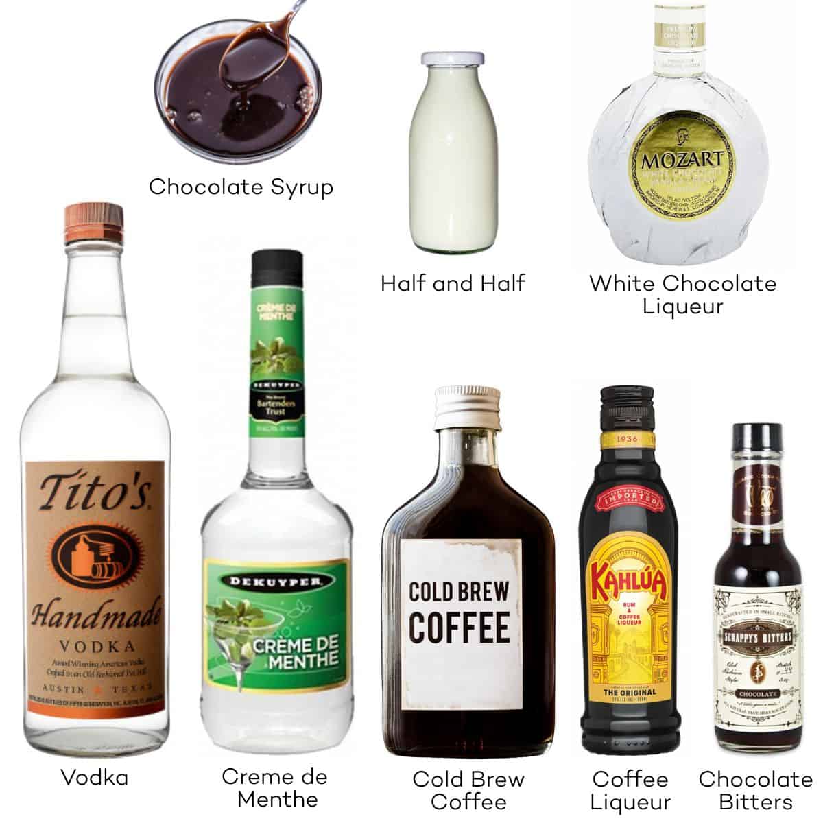 Ingredients for a peppermint mocha martini.