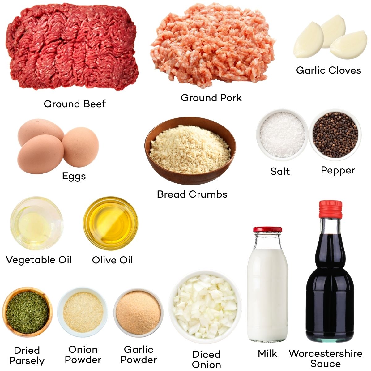 Ingredients for a large batch of frozen meatballs.