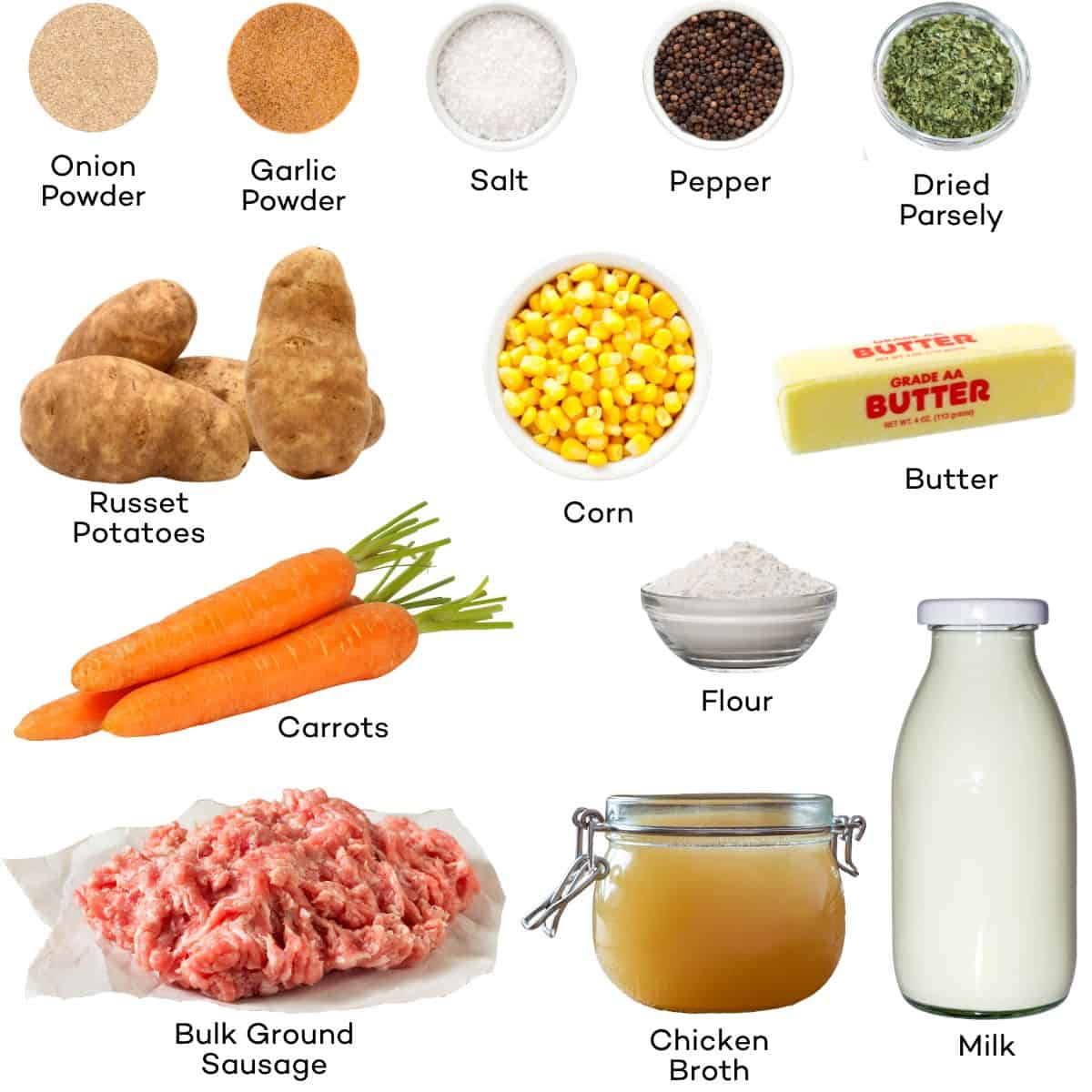 Ingredients for potato and sausage soup.