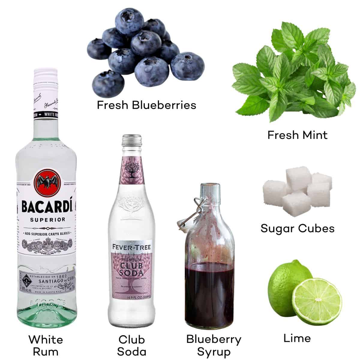 Ingredients for Blueberry Mojitos.