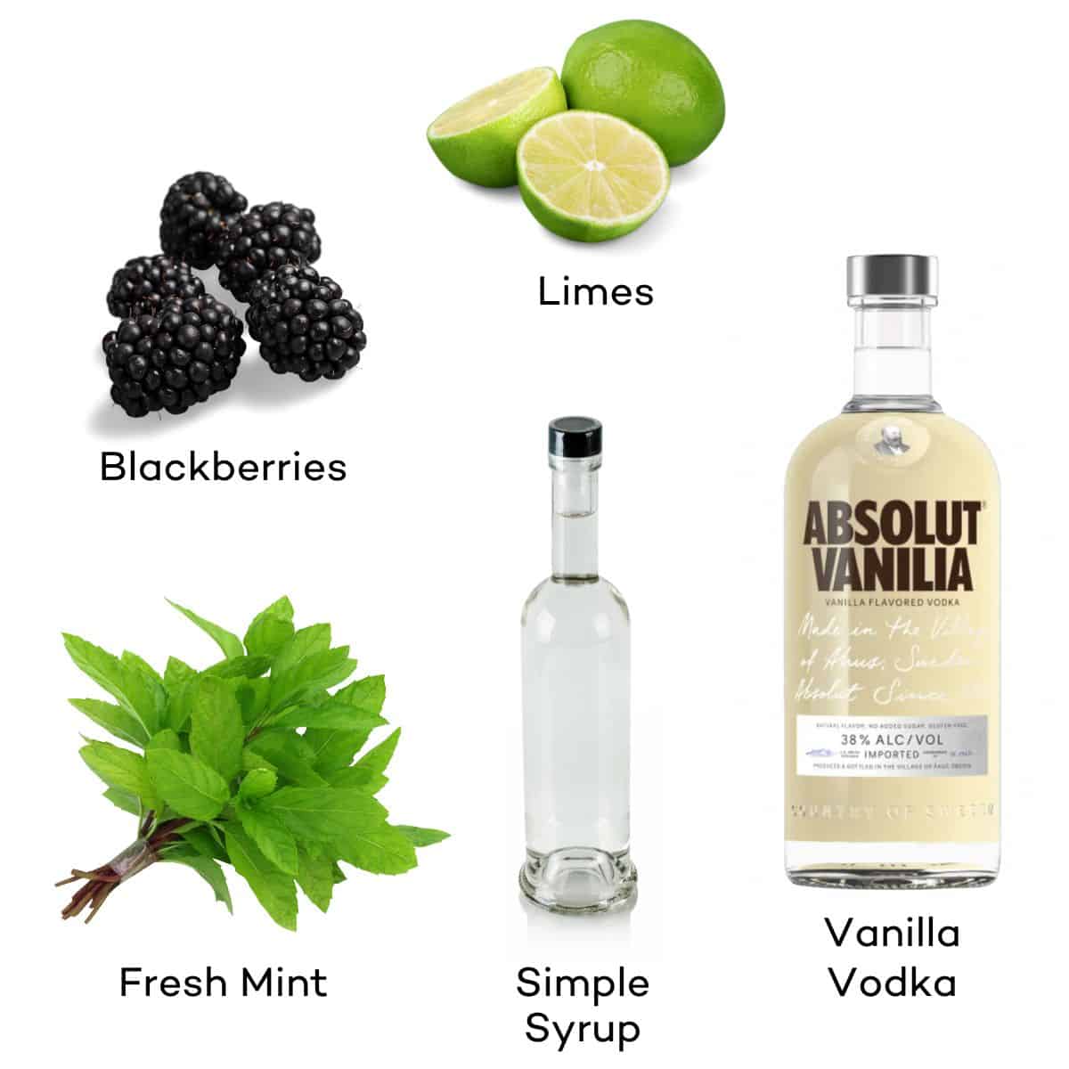 Ingredients for blackberry vanilla martinis.