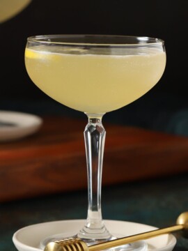 A coupe glass full of bee's knees cocktail.