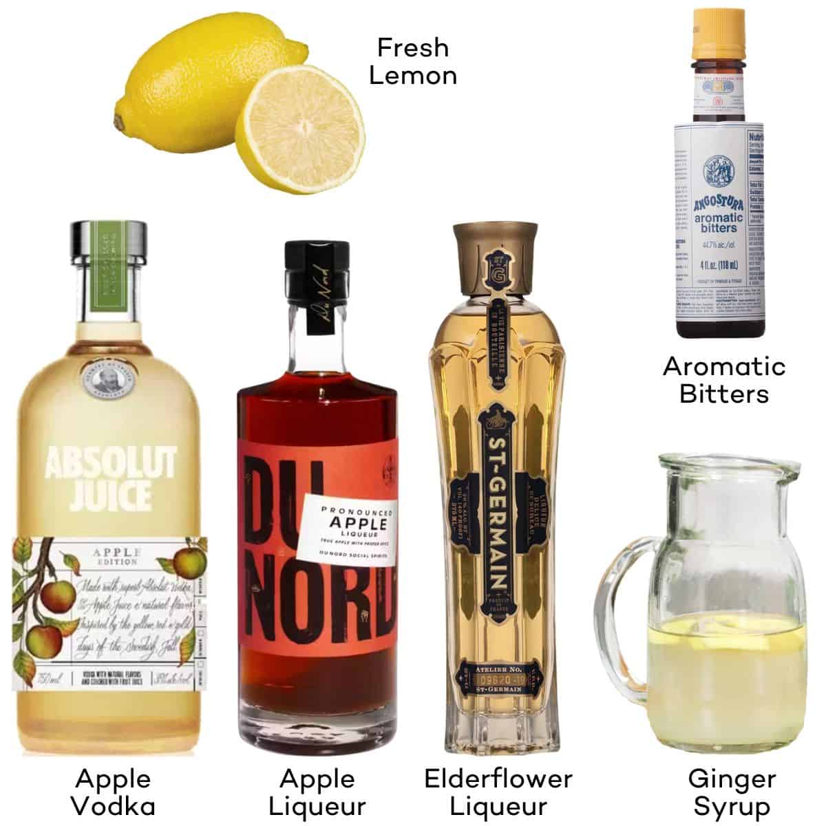 Ingredients for an apple orchard cocktail - apple vodka, apple liqueur, elderflower liqueur, ginger syrup, aromatic bitters, lemon. 