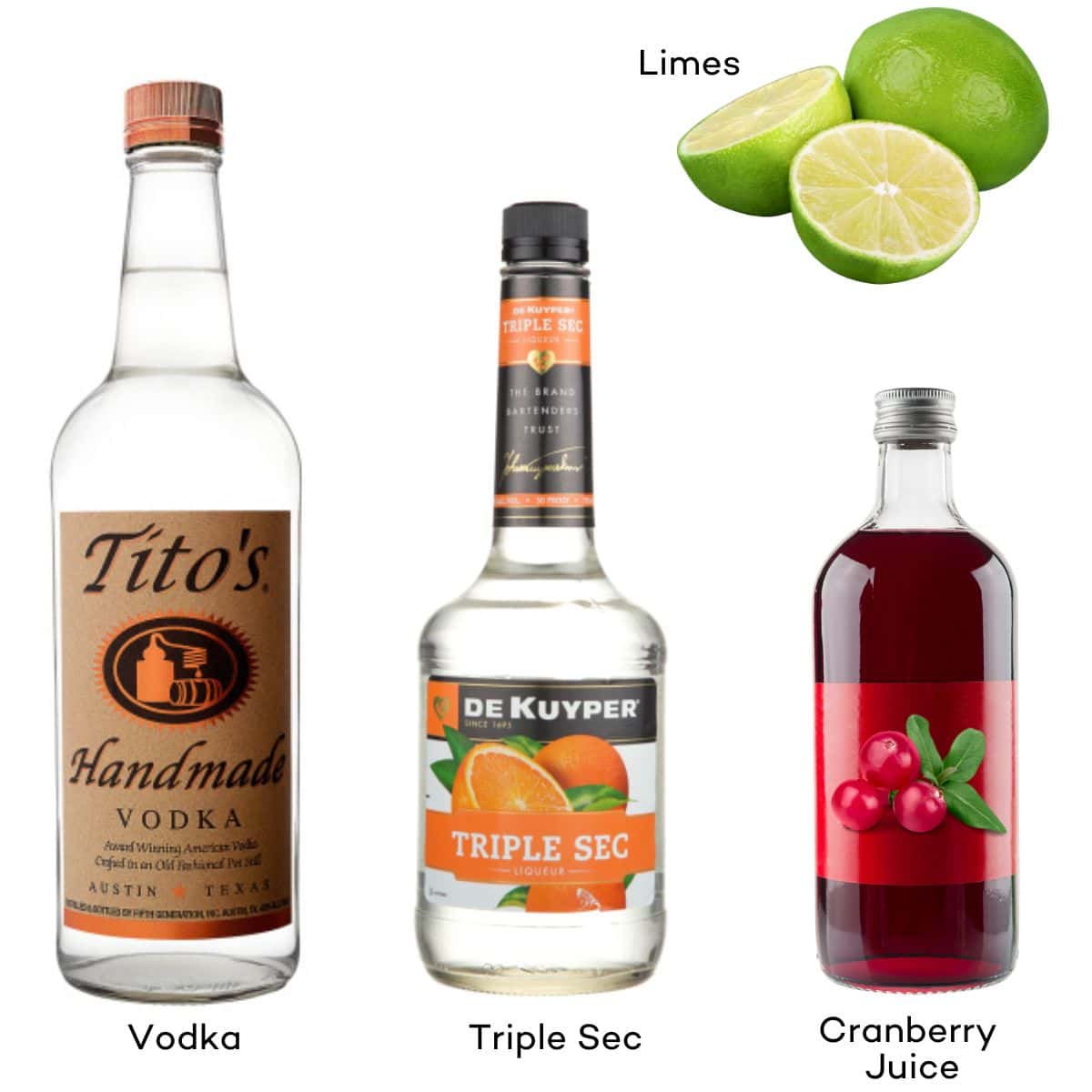 Ingredients for Cosmopolitan cocktails. 