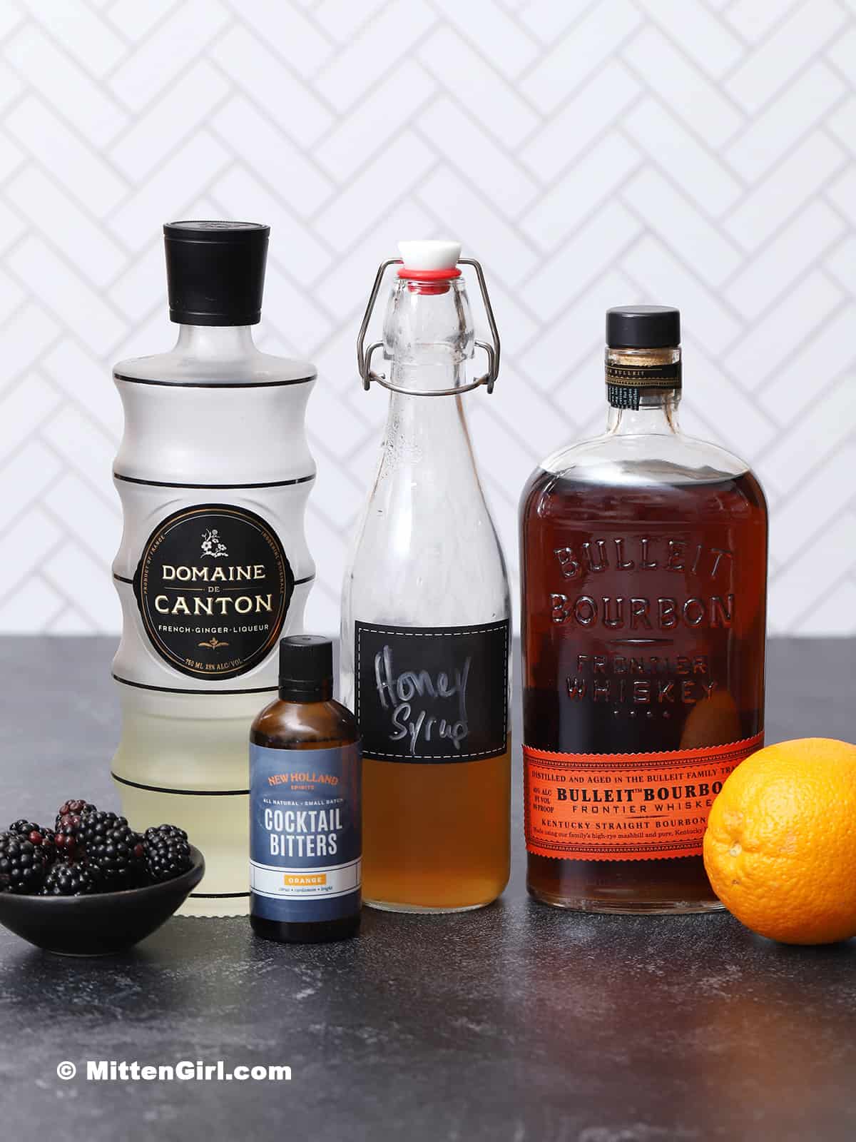 Ingredients for blackberry bourbon cocktails.