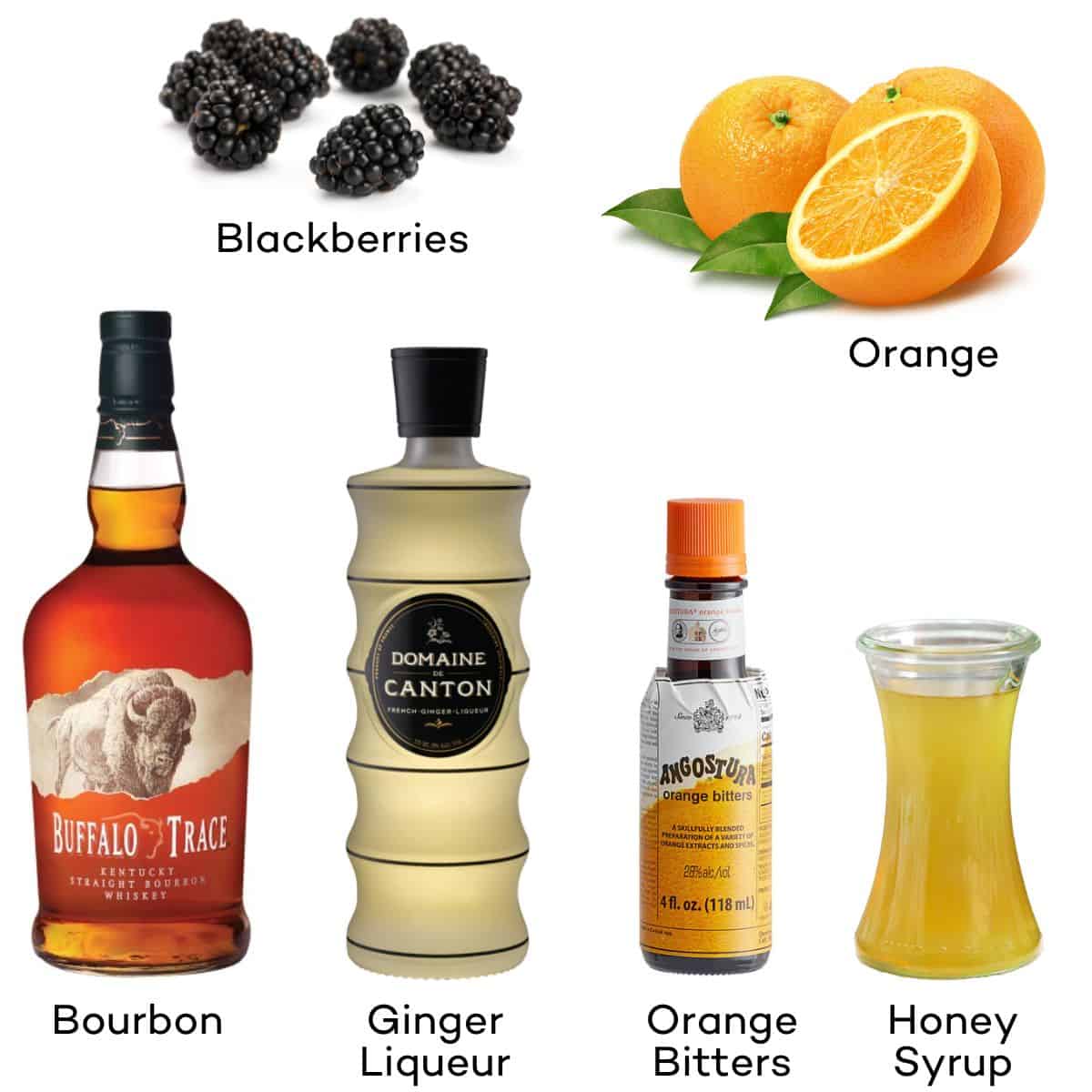 Ingredients for a blackberry bourbon Halloween cocktail - bourbon, ginger liqueur, orange bitters, honey syrup, oranges, blackberries. 