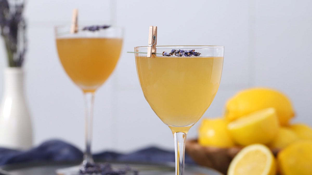 Glasses filled with lavender bee's knees cocktails garnished with sprigs of lavender.