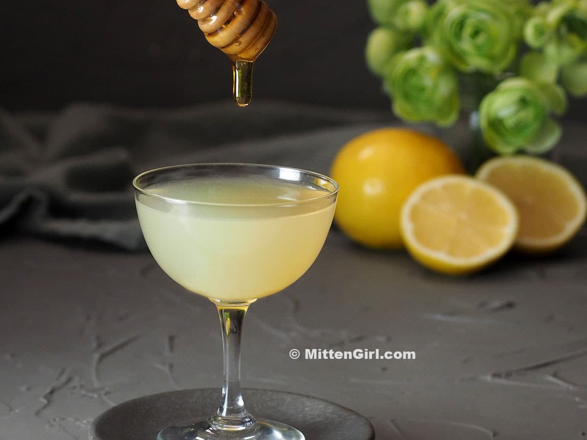 Honey dripping from a wooden honey dipper into a glass filled with a Bee's Knees cocktail.