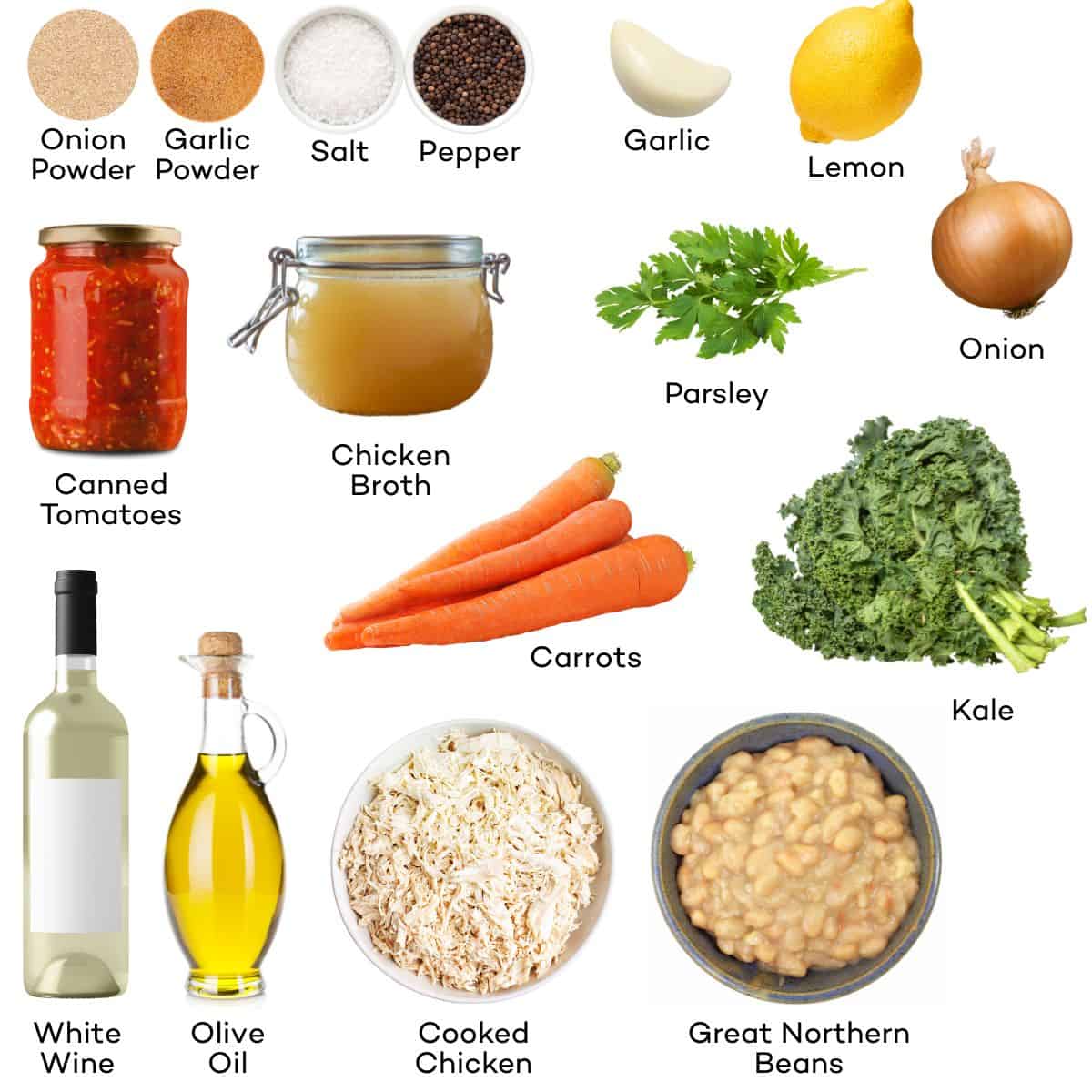 Ingredients for Chicken and white bean soup with Kale.