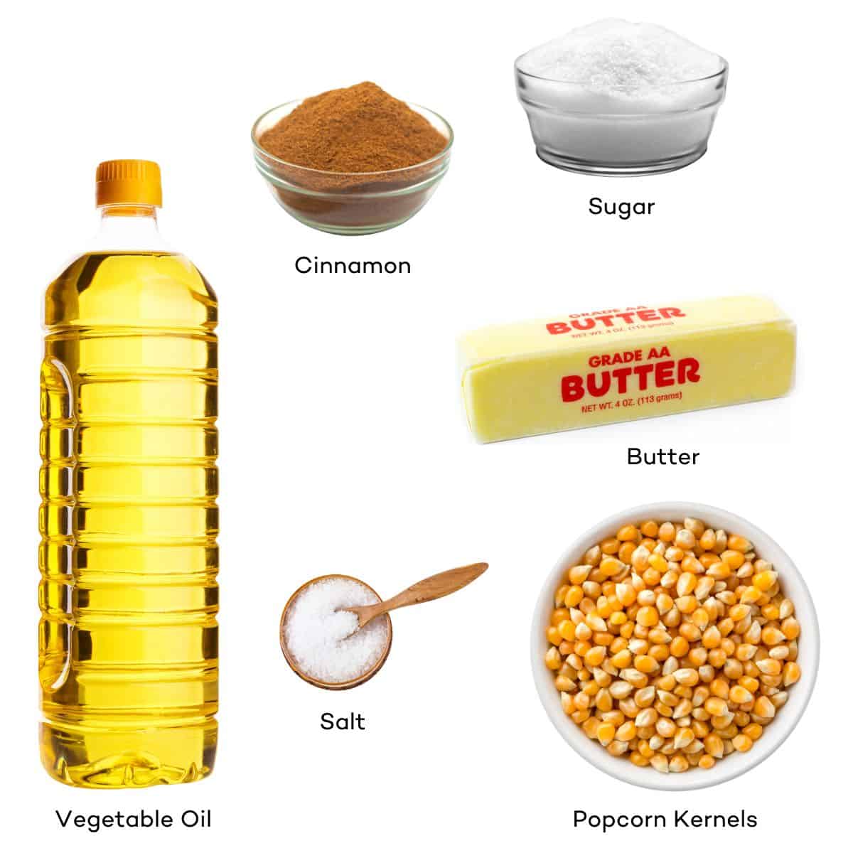 Ingredients for Snickerdoodle popcorn.