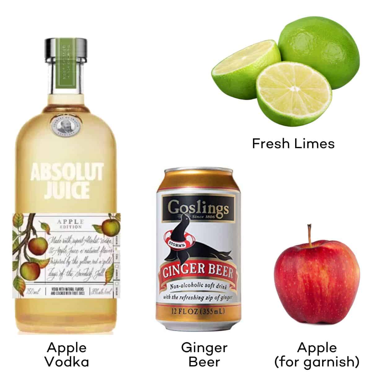 Ingredients for Apple Mules - Apple vodka, ginger beer, fresh limes, an apple. 