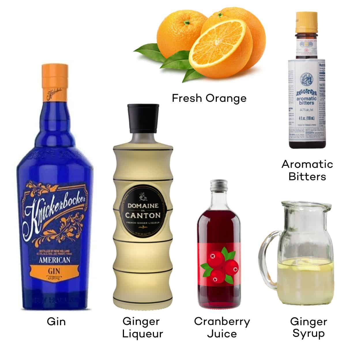 Orange Ginger Gin Cocktail Ingredients. 