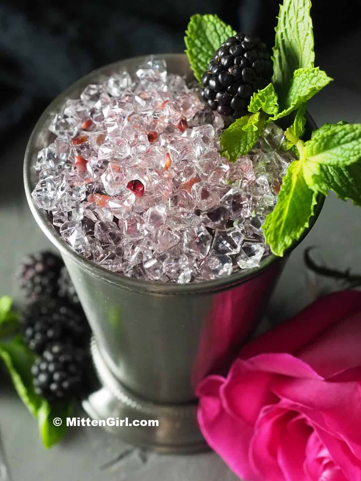 A mint julep cocktail filled with crushed ice.