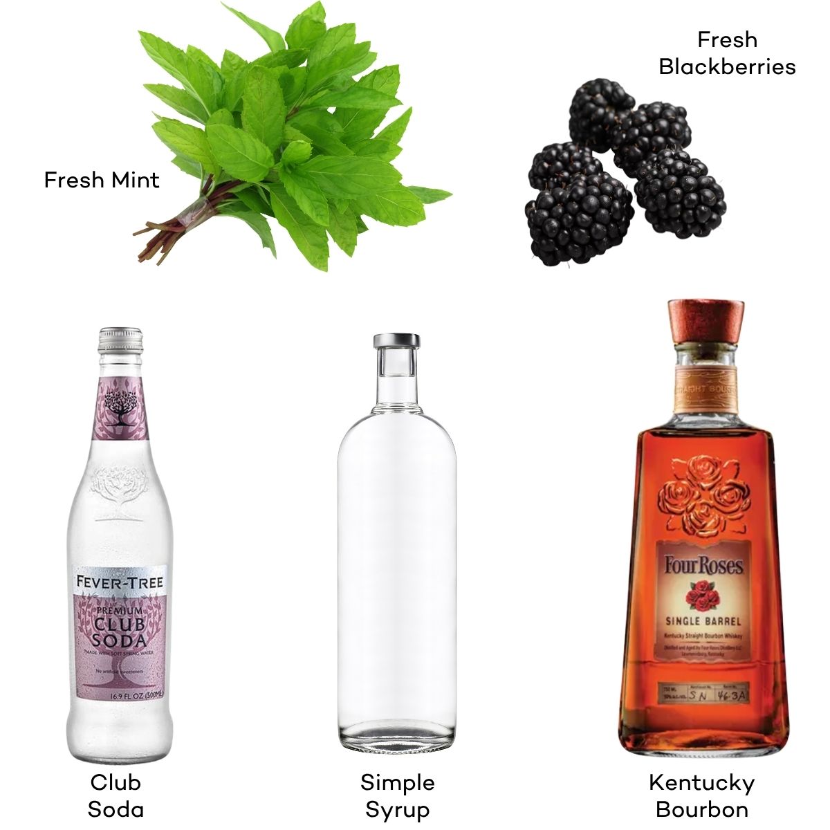 The ingredients for blackberry mint juleps.