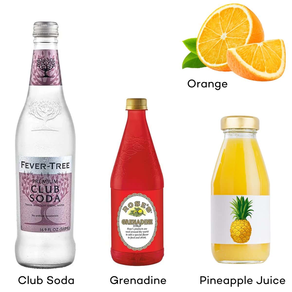 Ingredients for a mocktail for kids - club soda, pineapple juice, orange, grenadine. 