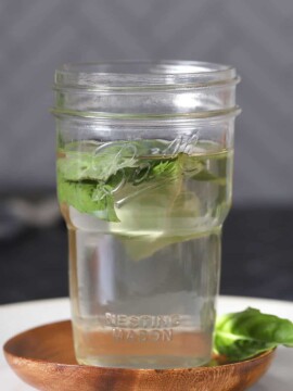 A jar of basil simple syrup.
