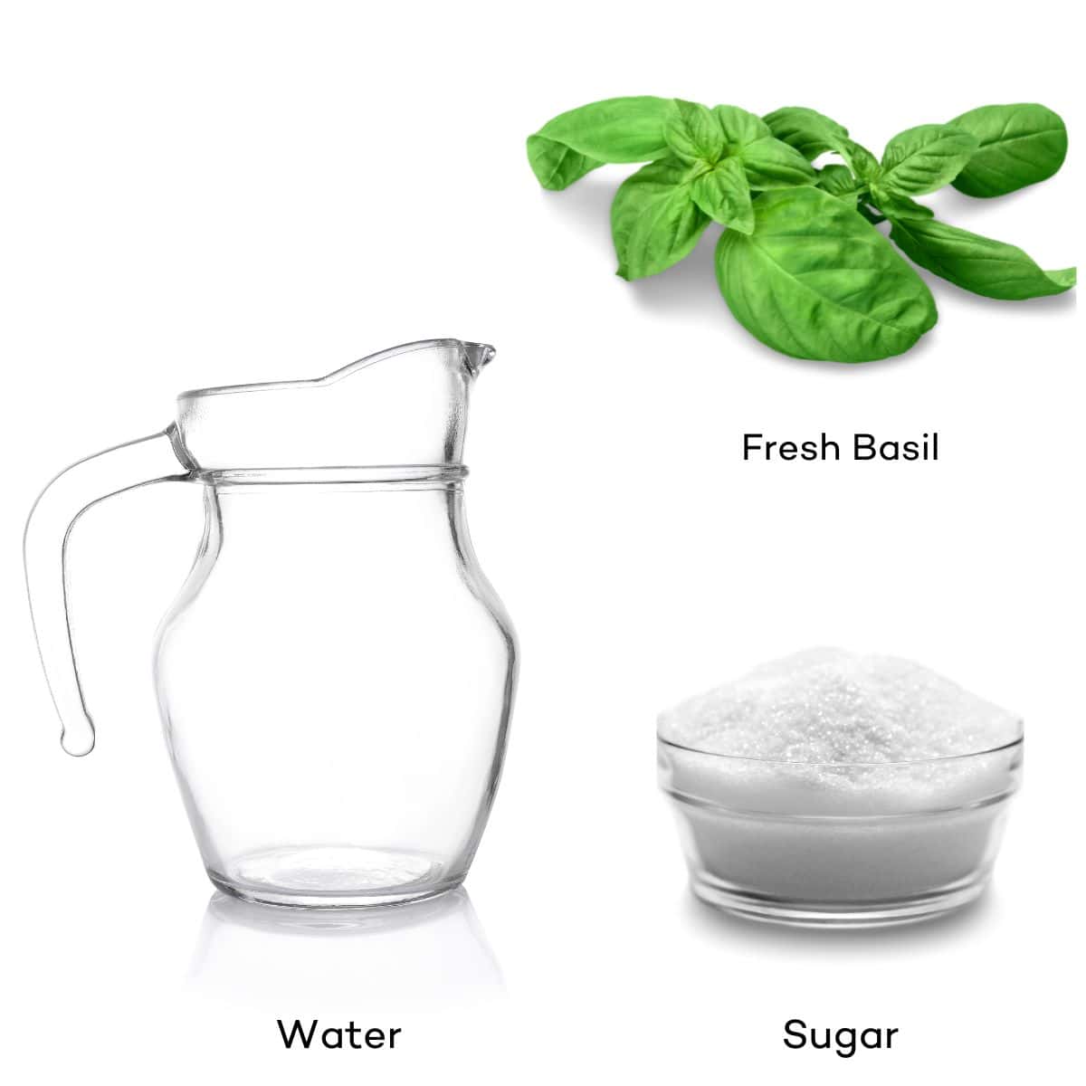 Ingredients for basil simple syrup - water, sugar, fresh basil.