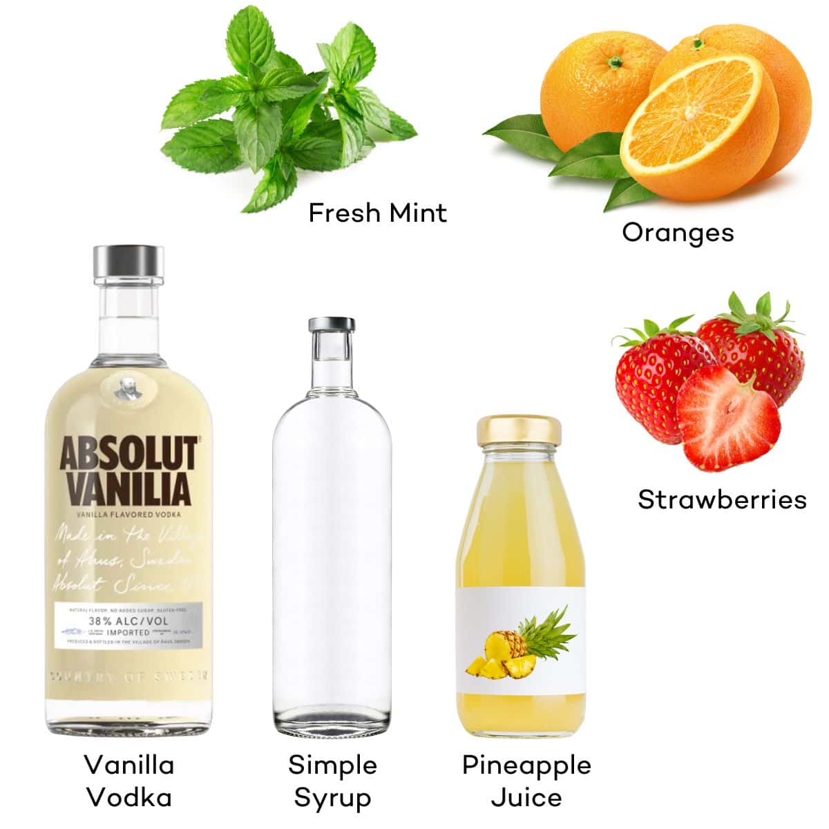 Ingredients for Strawberry Pineapple Martinis.