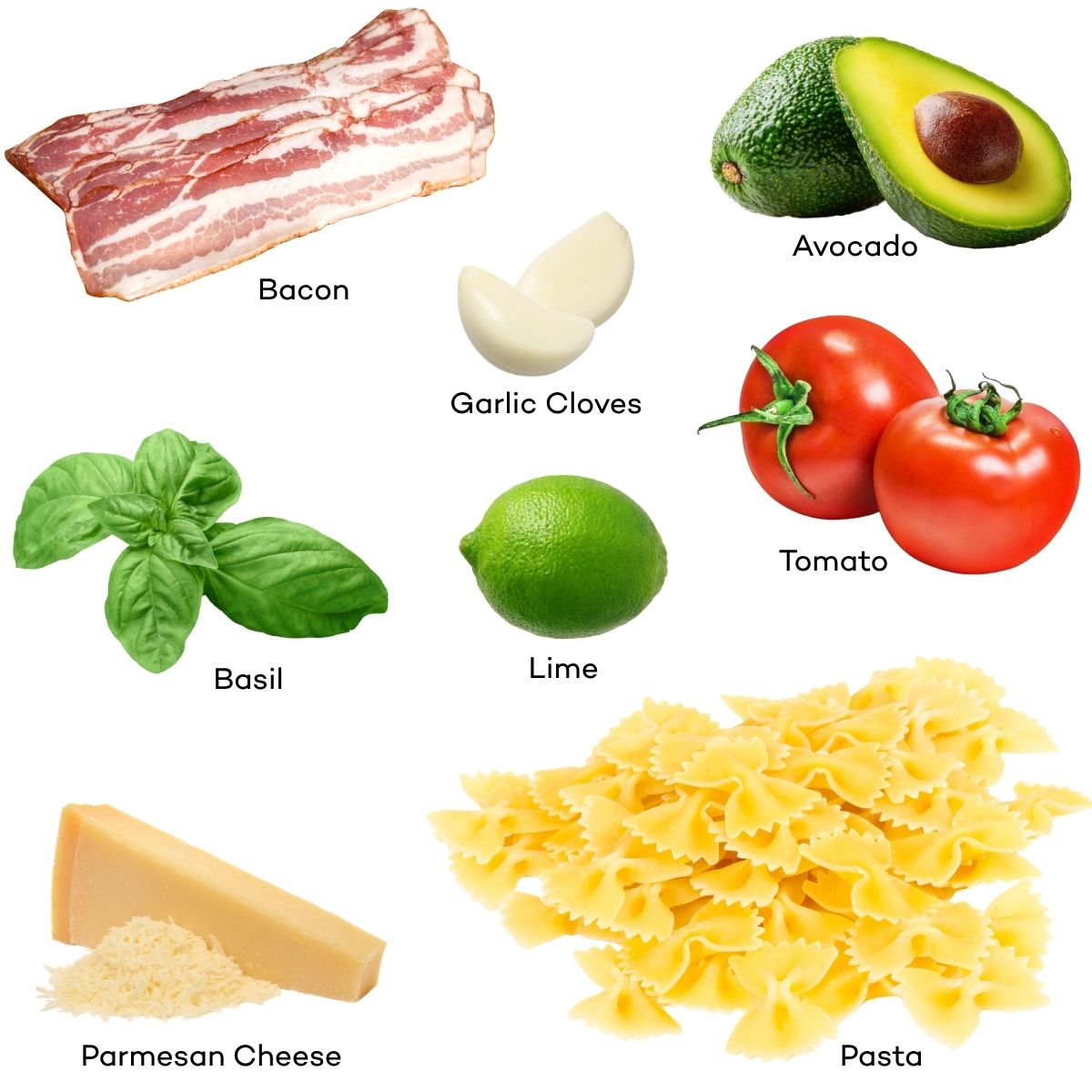 Ingredients for Bacon Avocado Pasta.