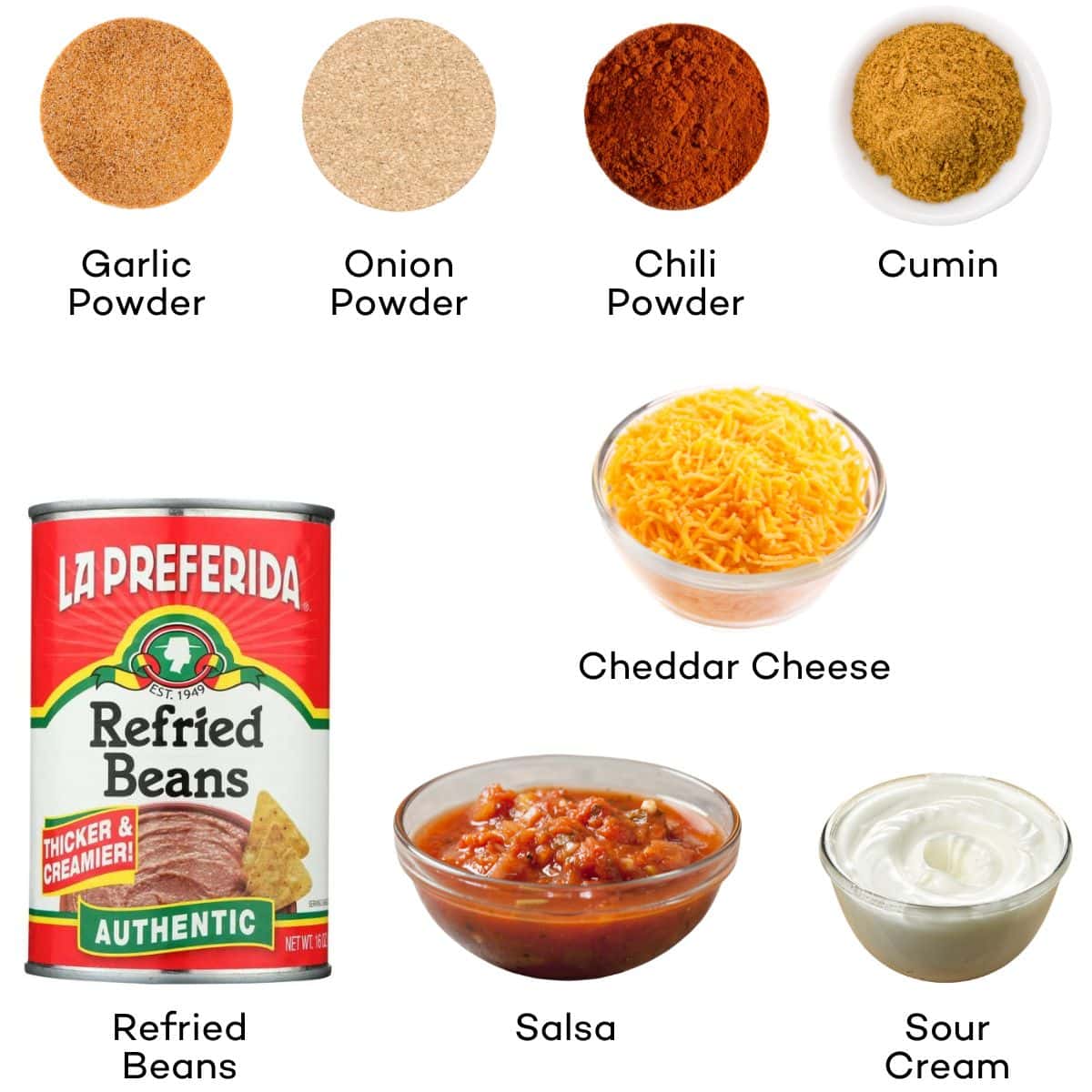 Ingredients for Refried Bean Dip - refried beans, salsa, sour cream, cheddar cheese, garlic powder, onion powder, chili powder, cumin. 