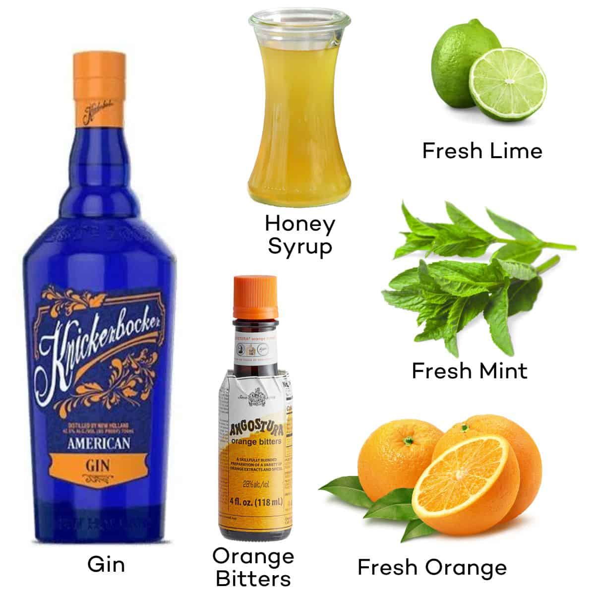 Ingredients for Honey Orange Gin cocktails - gin, honey syrup, orange, lime, mint, orange bitters.