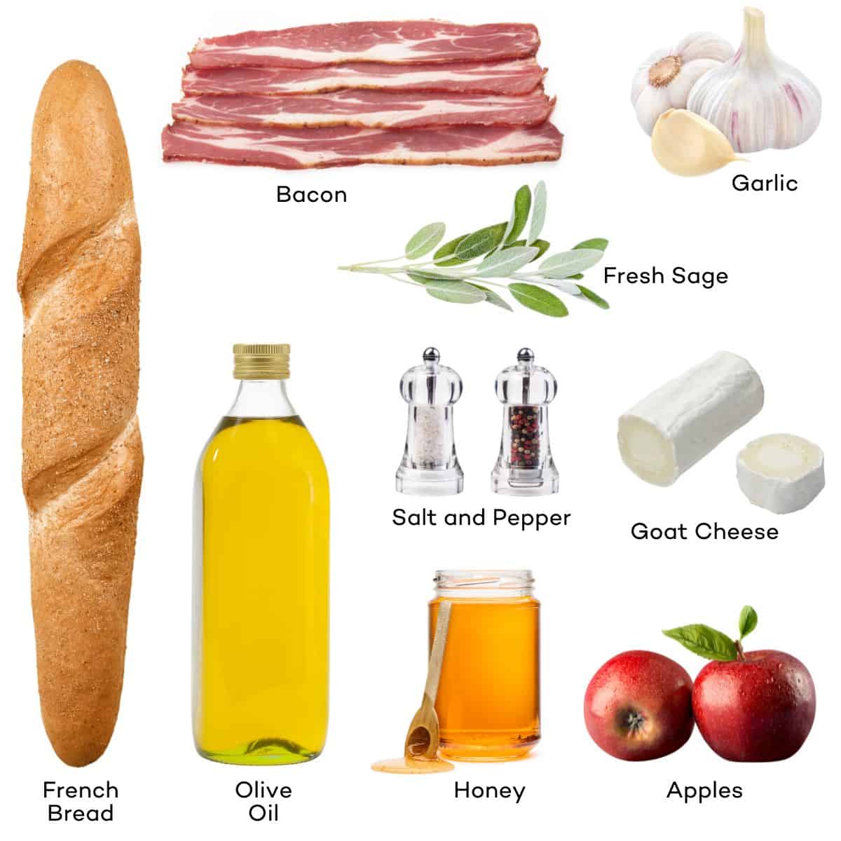 Ingredients for Apple, Bacon, and Goat Cheese Crostini - French bread, olive oil, honey, apples, goat cheese, bacon, garlic, sage, salt, pepper. 