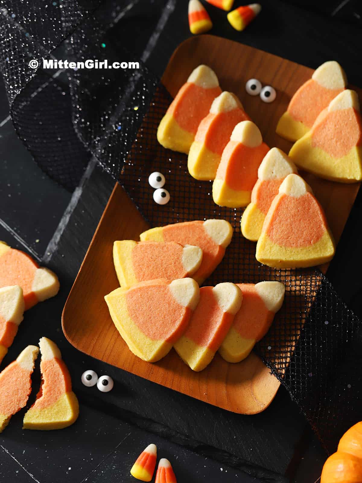 Candy Corn Cookies on a tray.