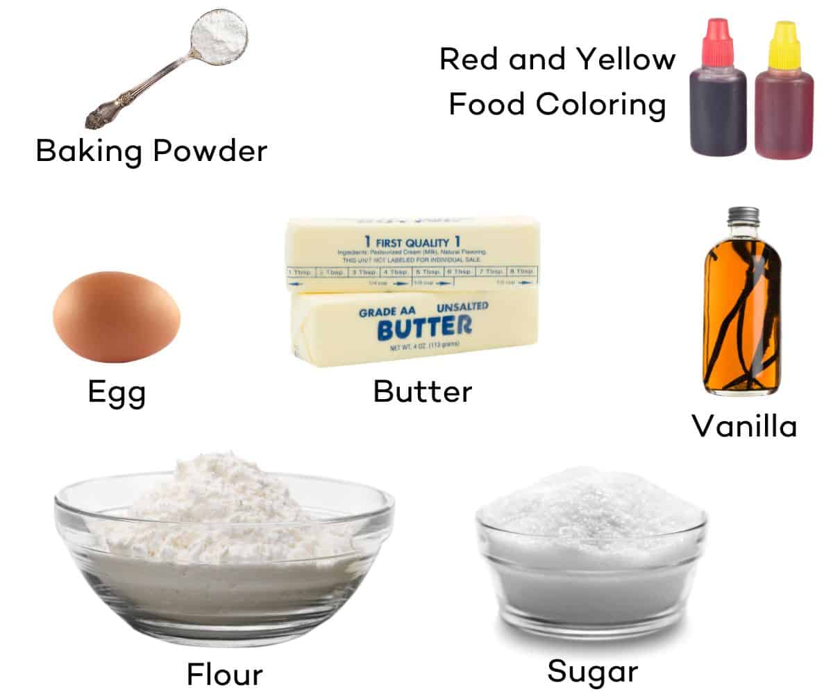 Ingredients for candy corn cookies - flour, sugar, butter, vanilla, egg, baking powder, food coloring. 