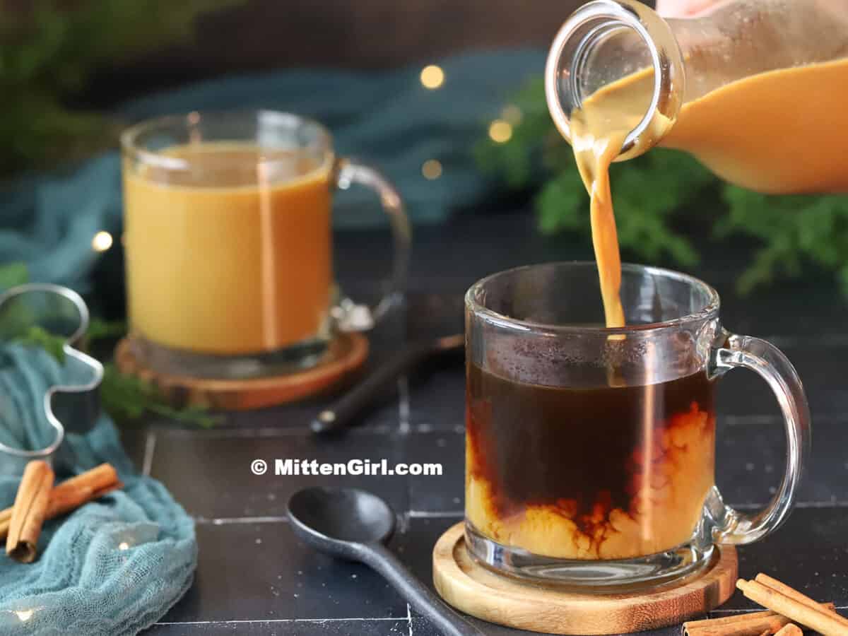 Gingerbread Coffee Creamer being poured into a mug of coffee