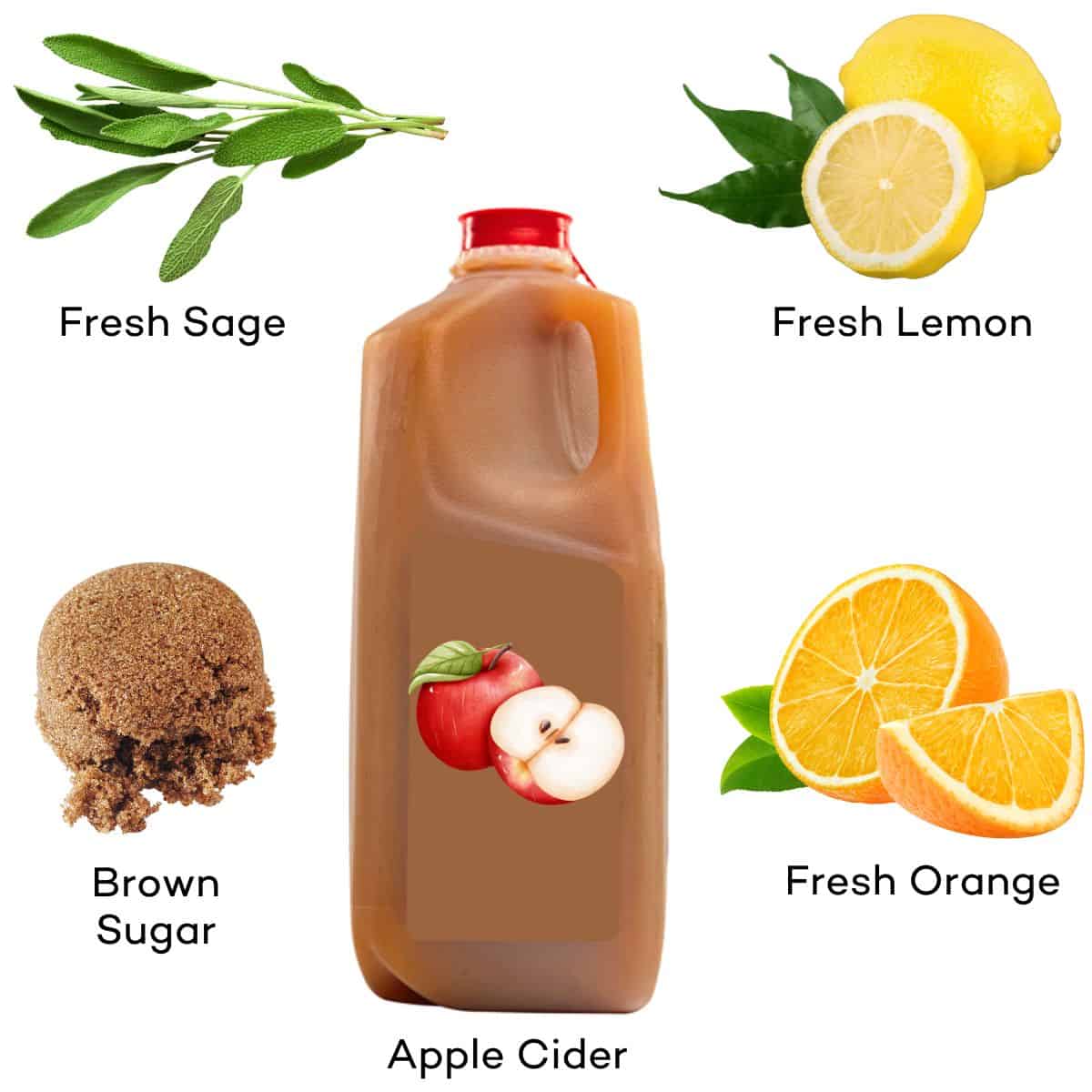 Ingredients for apple cider syrup - apple cider, brown sugar, orange, lemon, sage. 