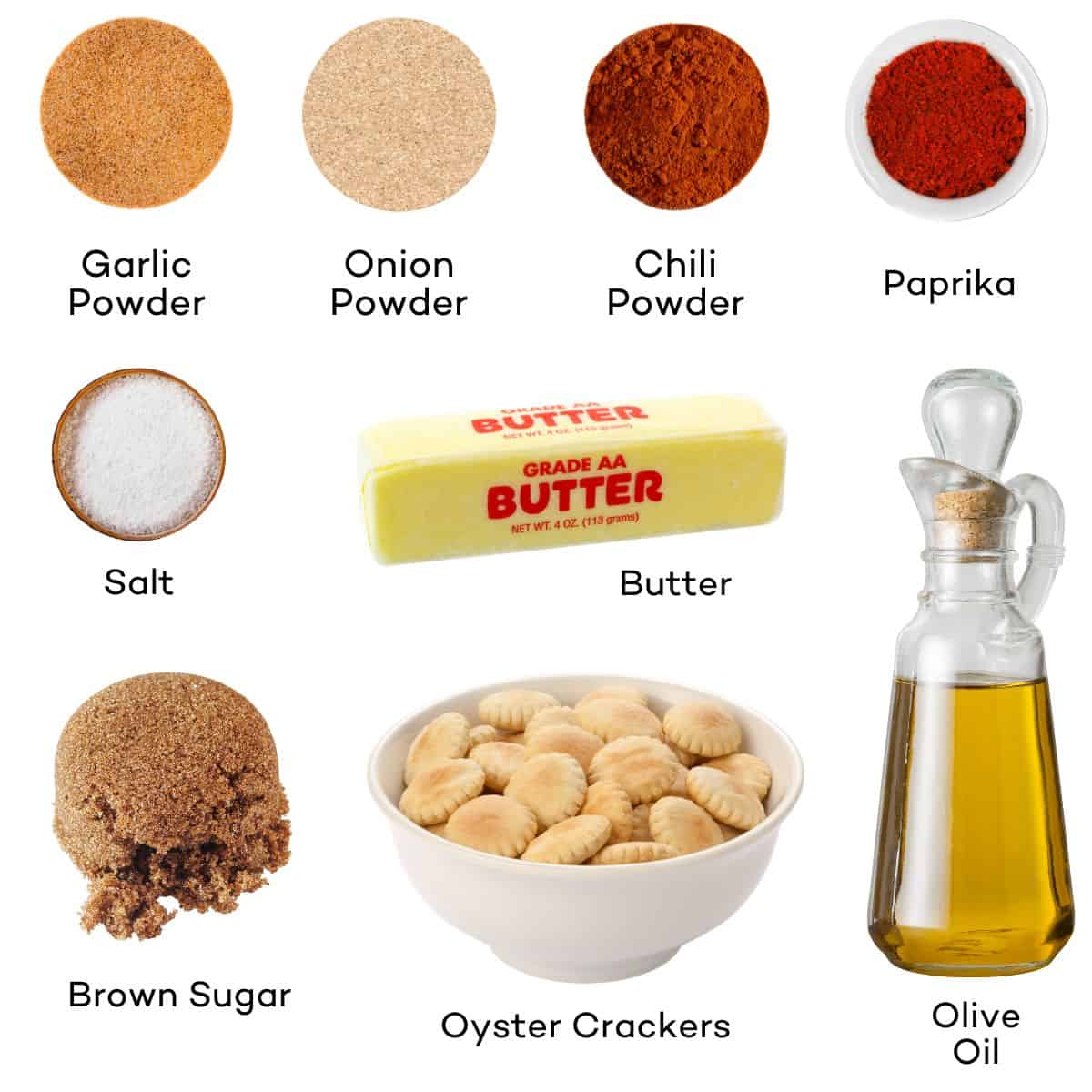 Ingredients for barbecue seasoned oyster crackers. 