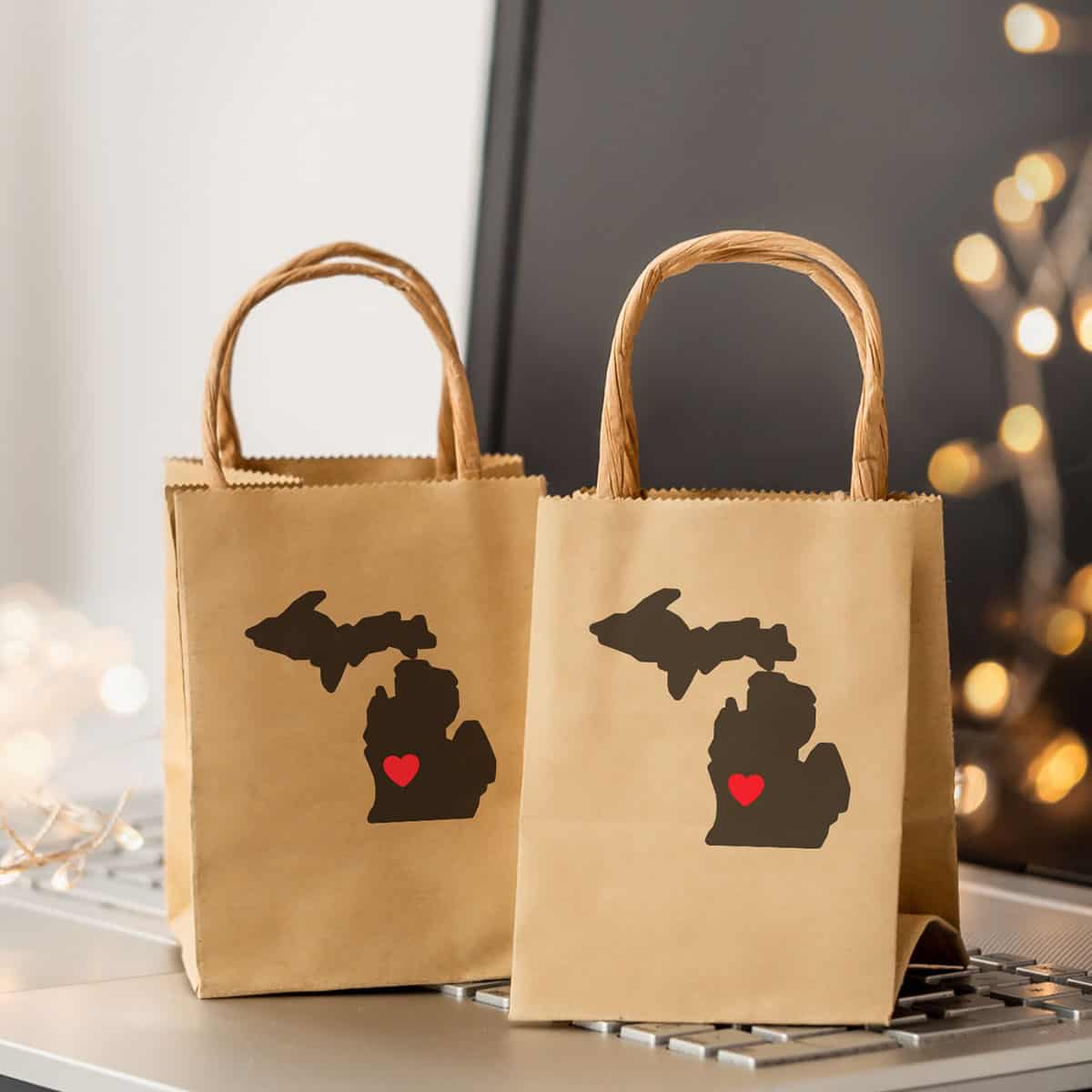Shopping bags with the state of Michigan on them.