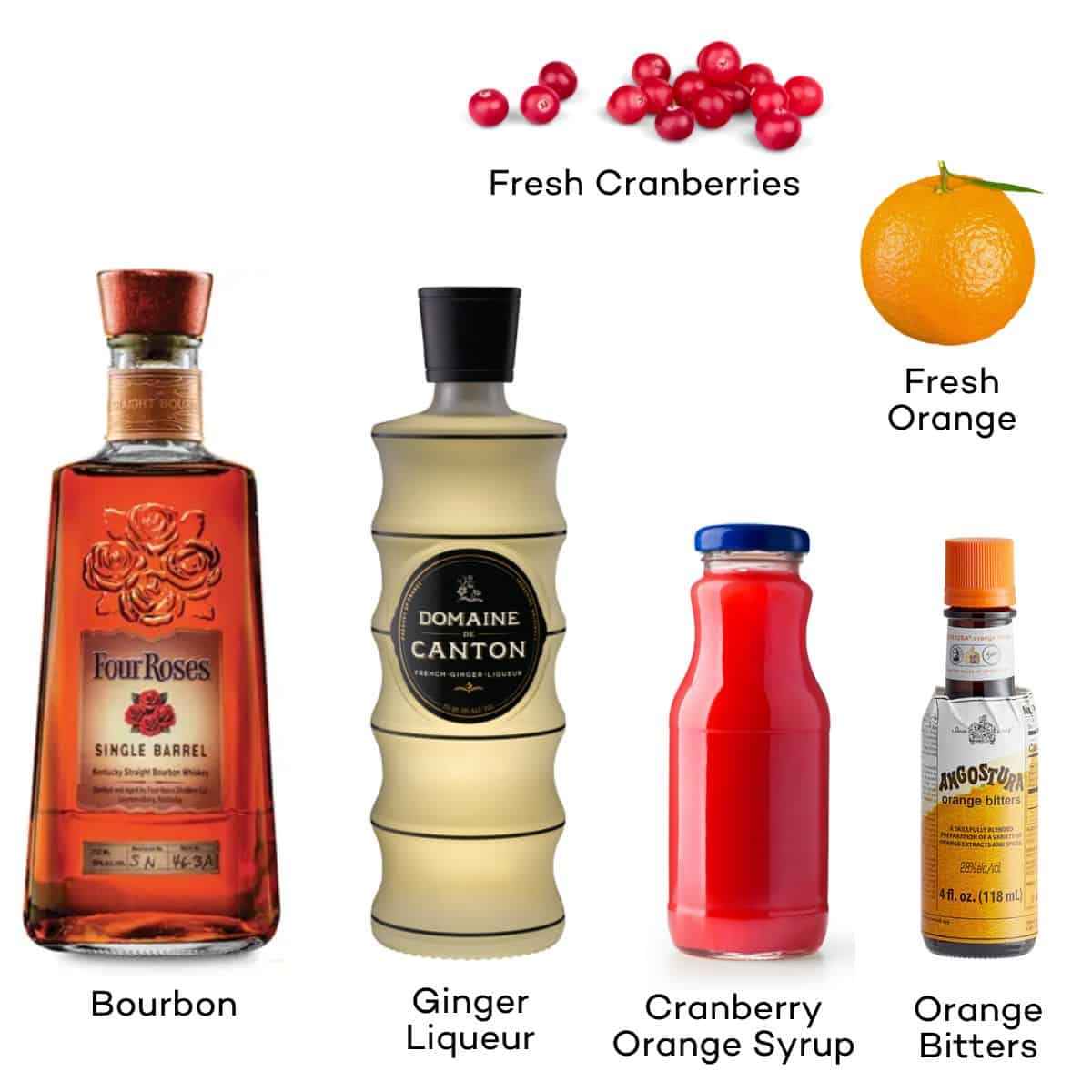 Ingredients for a Cranberry Old Fashioned - bourbon, ginger liqueur, cranberry orange syrup, orange bitters, orange, cranberries. 
