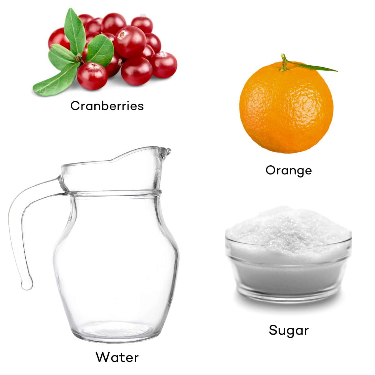 Ingredients for cranberry orange simple syrup - cranberries, orange, sugar, water.