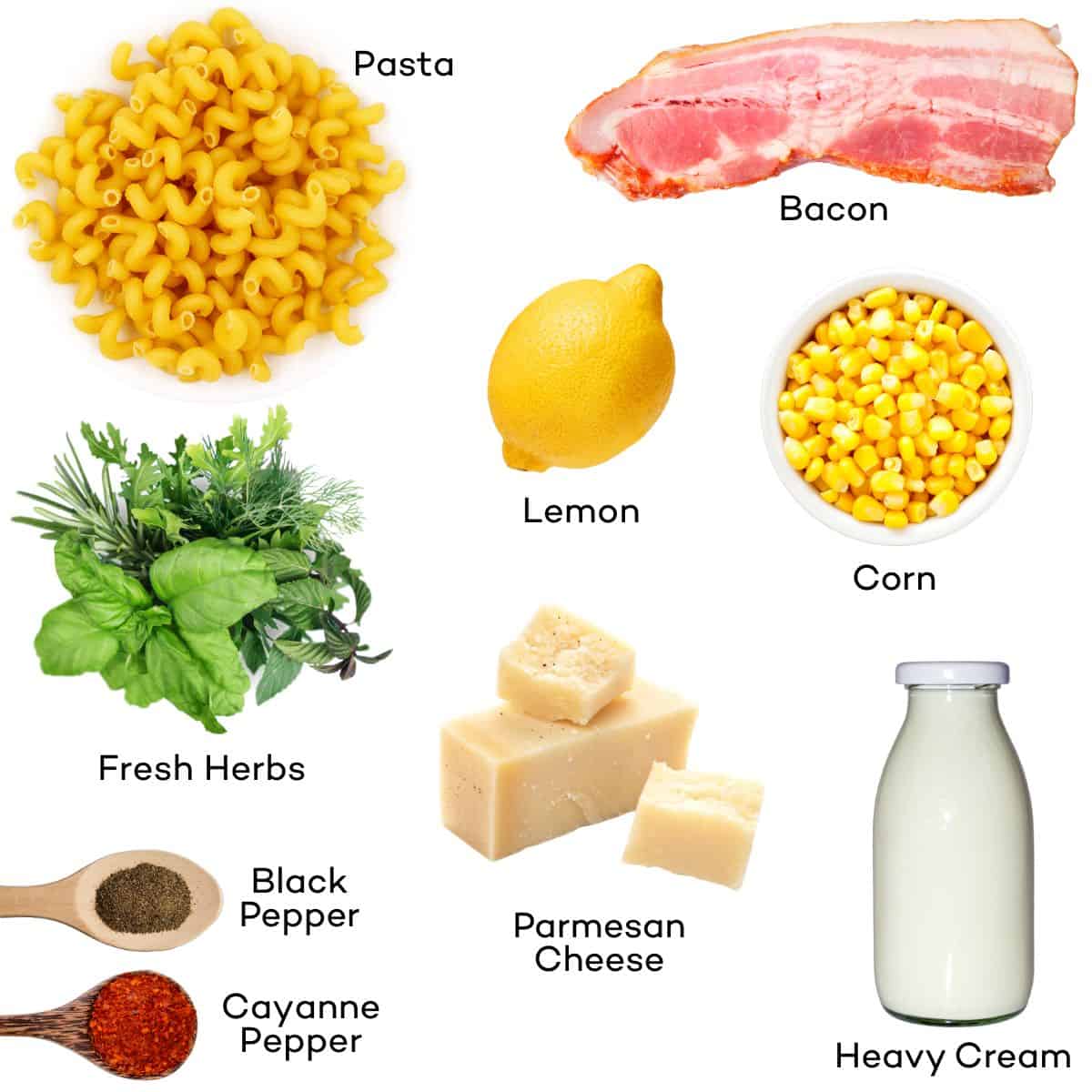 Ingredients for bacon and corn pasta. 