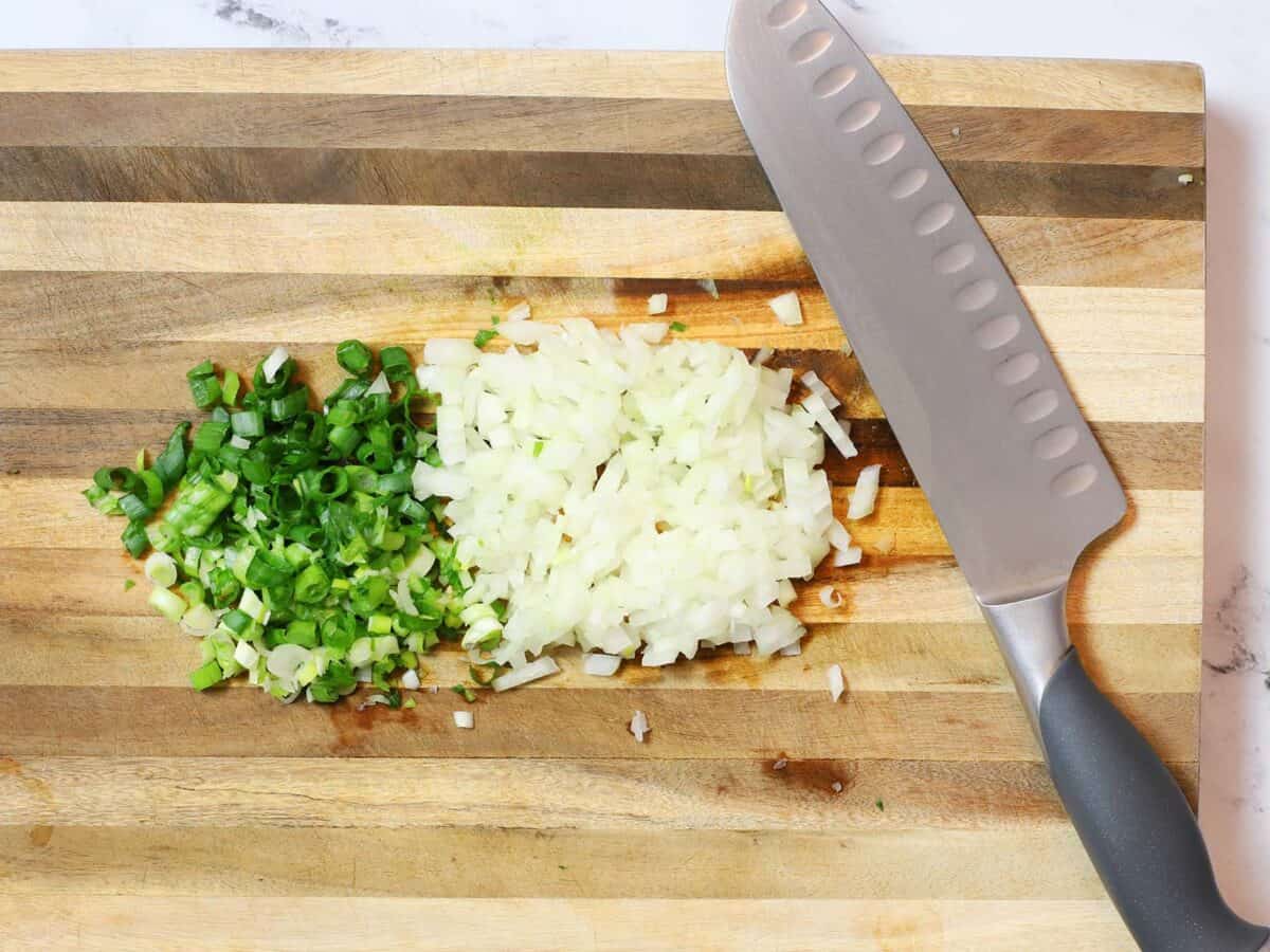 Finely diced green onions and white onion