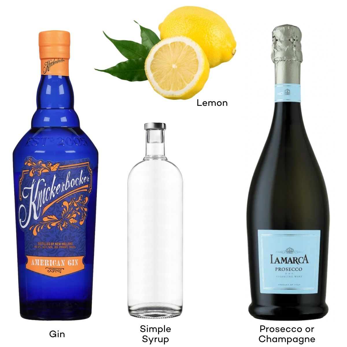 The ingredients for a French 75 cocktail.