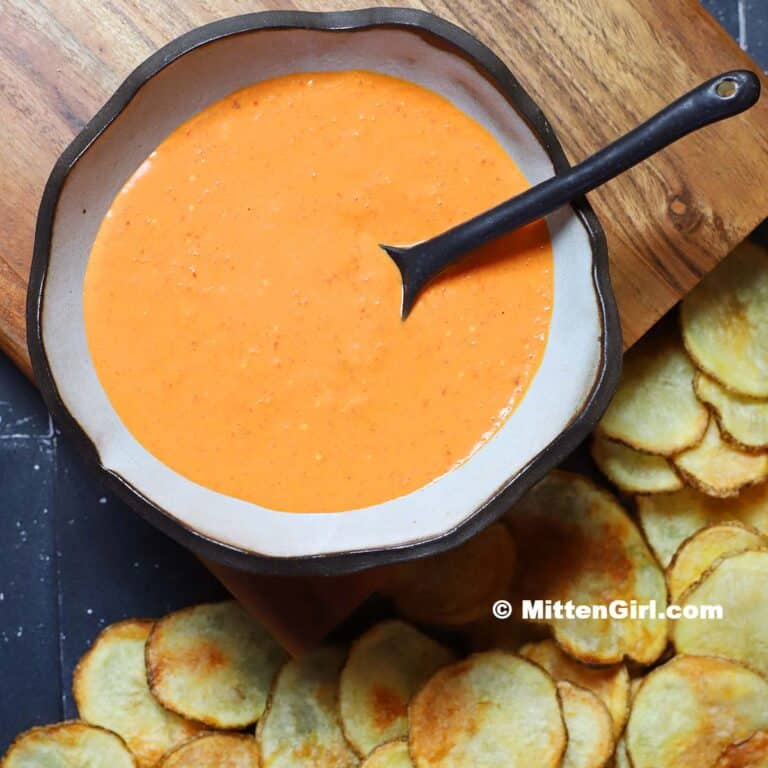 A bowl of red pepper dip. 