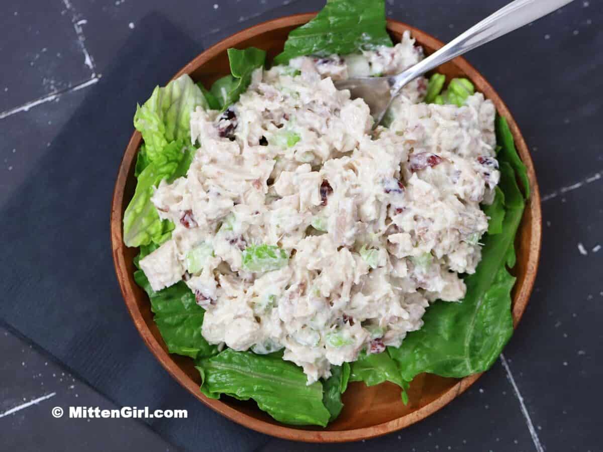 Cranberry Walnut Chicken Salad on a bed of greens 