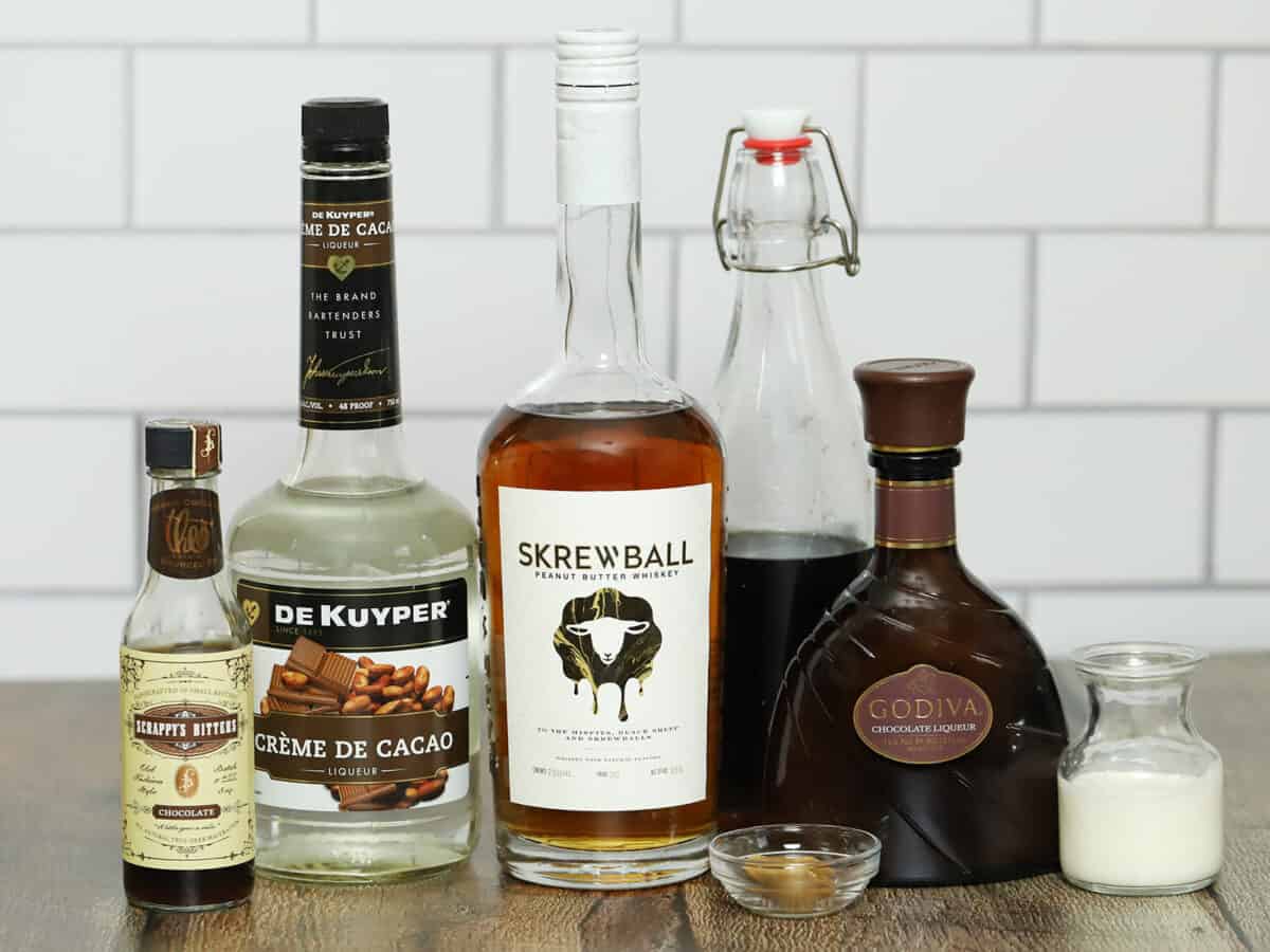 Ingredients for a Chocolate and Peanut Butter Whiskey Cocktail