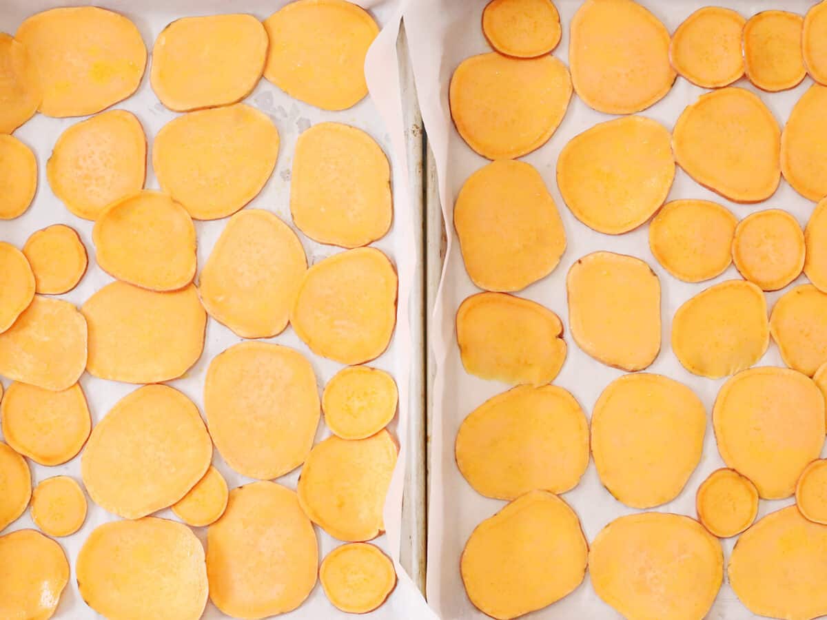 Sweet potato slices on a baking sheet 