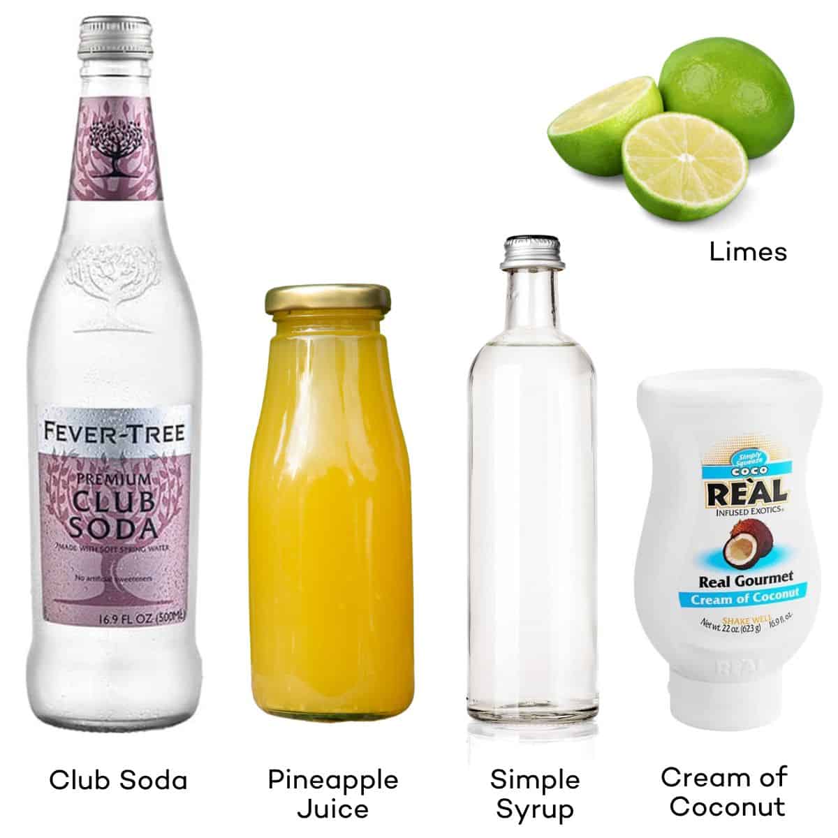 Ingredients for pińa colada mocktails - pineapple juice, lime juice, simple syrup, cream of coconut, club soda.