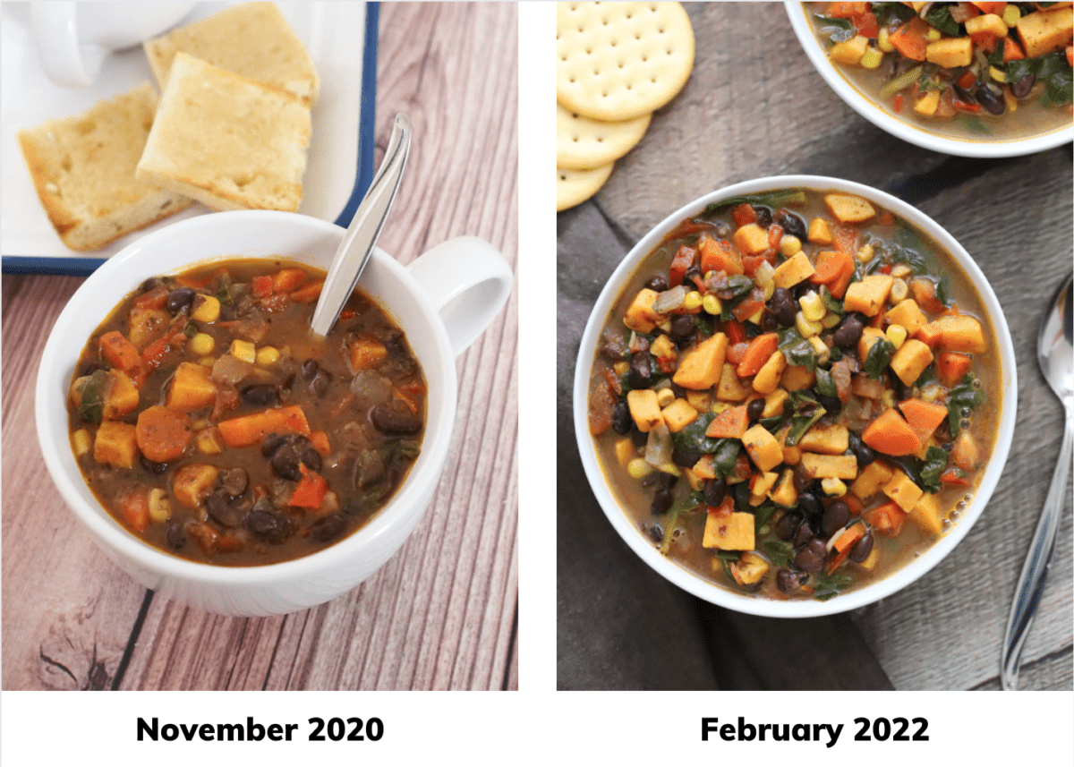 Images of the same soup recipe, one shot in November 2019 and one shot in February 2022. 